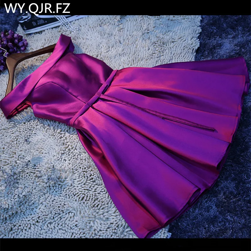 WYHS-34#Boat Neck Violet Lace up Short Twill Satin Cloth Bridesmaid Dresses Bride Wedding Party Toast Dress Gown Prom Wholesale