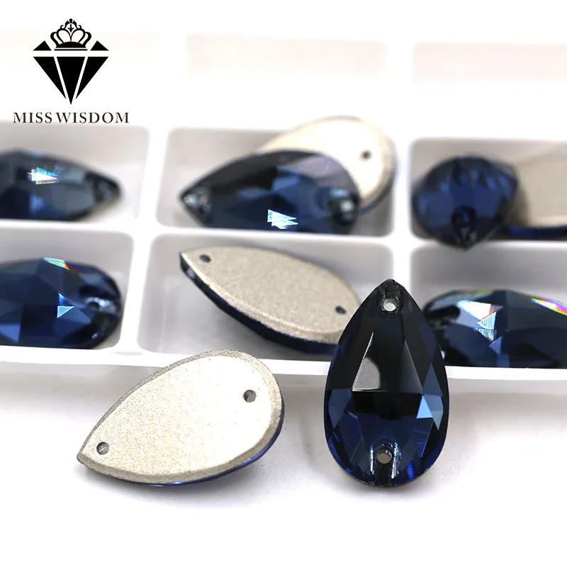 High quality Flatback glass crystal double hole sew on rhinestones Teardrop shape Ink blue rhinestones diy clothing accessories