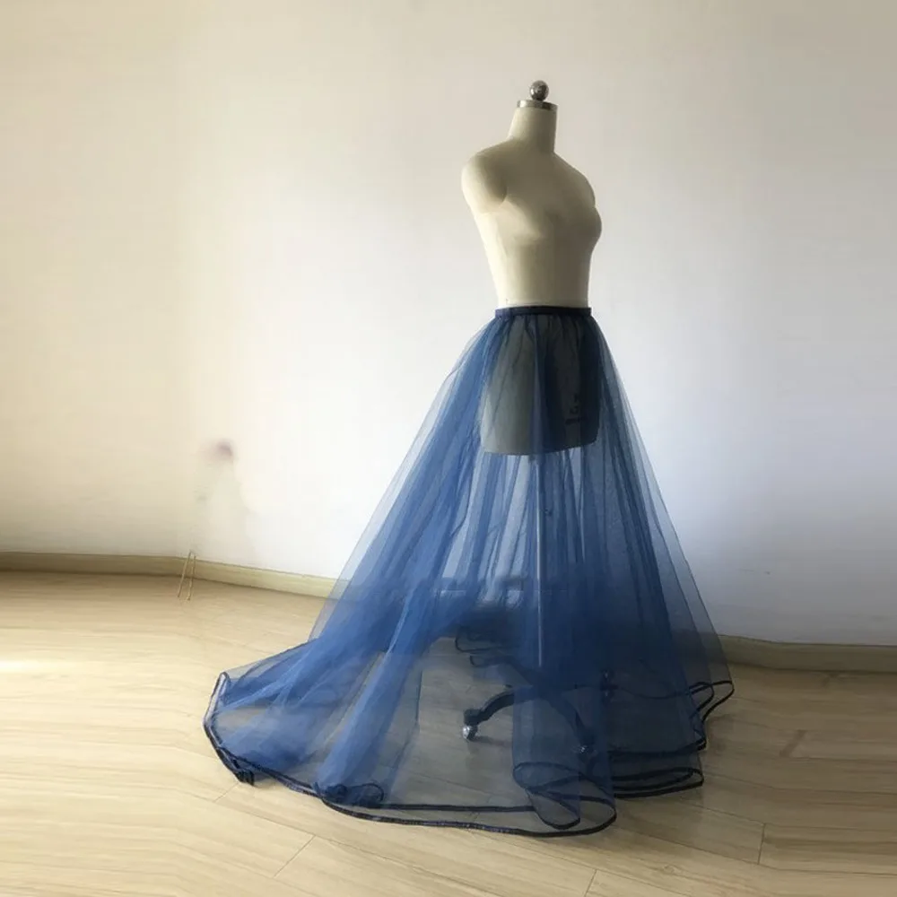 Satin Edge Marineblauw Vrouwen Bruiloft Trein Lange Overrok Overlap Floor Lengte Tulle Rokken Rits Custom Made Wrap Tutu Saias