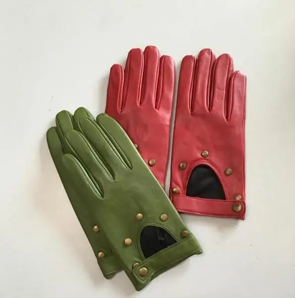 Women\'s Natural Leather Rivet Punk Style Gloves Female Genuine Leather Hollow Out Red Green Motorcycle Driving Gloves R749