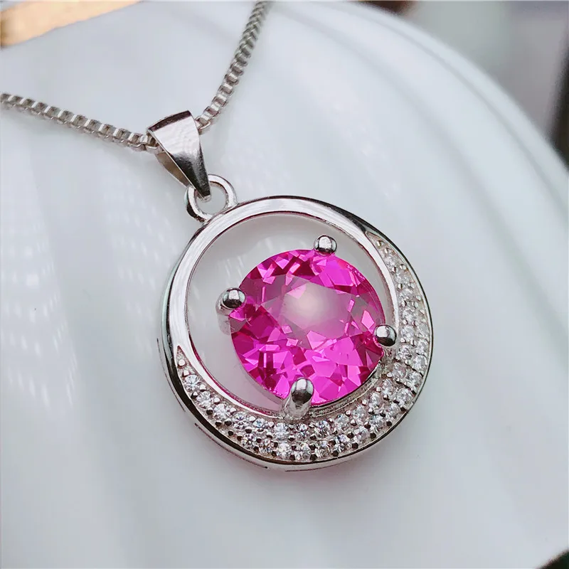 

hot round flower rose corundum tourmaline long step cut stone jewelry necklace pendants bright 925 silver trendy women