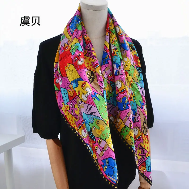 Cartoon cat 100% real natural silk scarf for girl and woman scarves gift spring autumn winter square scarves female wrap 85*85cm