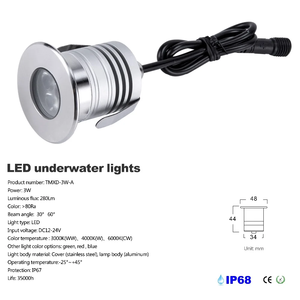 

3W IP68 Waterproof LED Underwater Swimming Pool Light DC12V-24V Safety Pond Fountain Spotlight Embeded Lamp