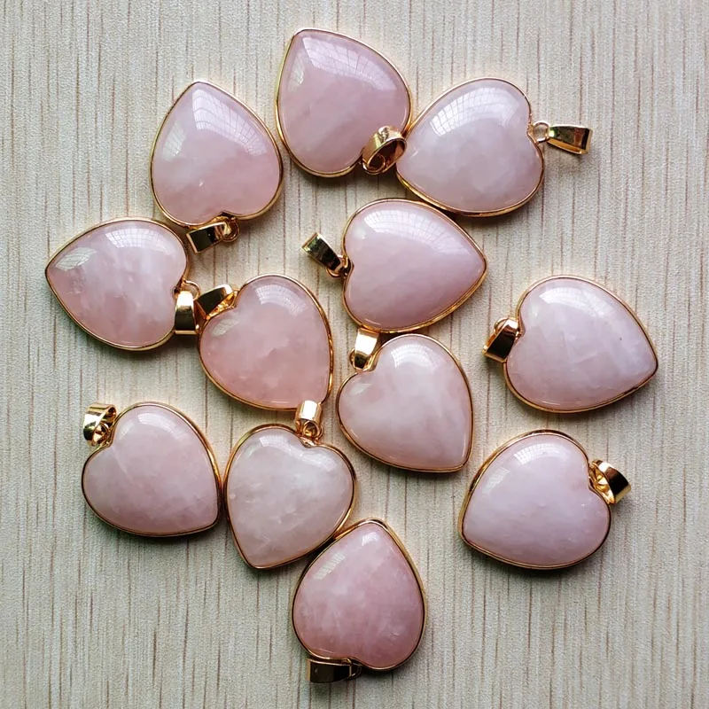 Good quality Natural roses quartz stone gold-plate side heart pendants 25mm for jewelry making wholesale 10pcs/lot