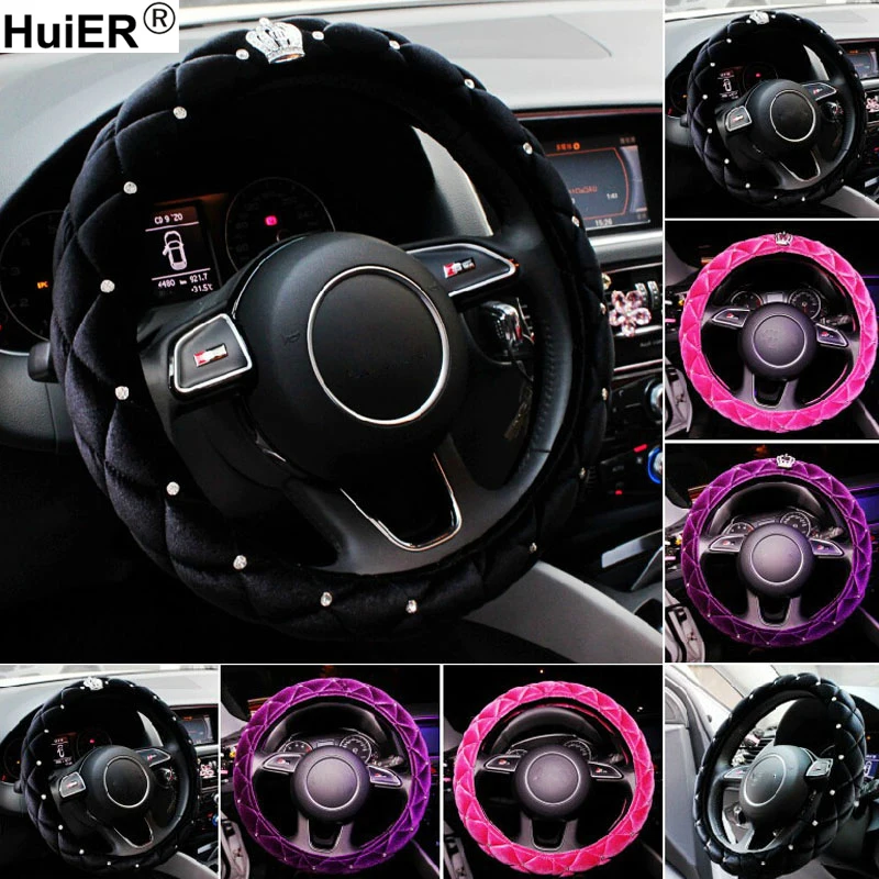 HuiER Car Steering Wheel Cover Crystal Crown High Level Plush Anti-slip For 37-38CM/15