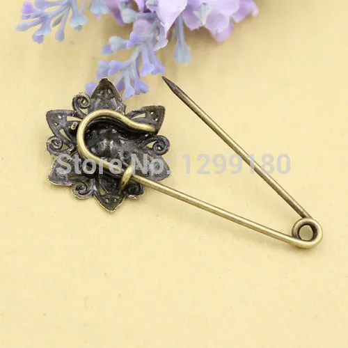 10pcs/lot Alloy Antique Bronze Vintage Flower Brooch Safety Pins For Garment Accessories Scarf Clip pins Length:57mm (K02071)