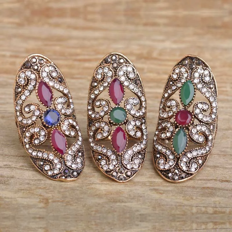 Madrry Turkish Vintage Oval Resin Rings Super Big Wide Women Aros Jewelry Antique Gold Color Statement Finger Aneis Bijoux