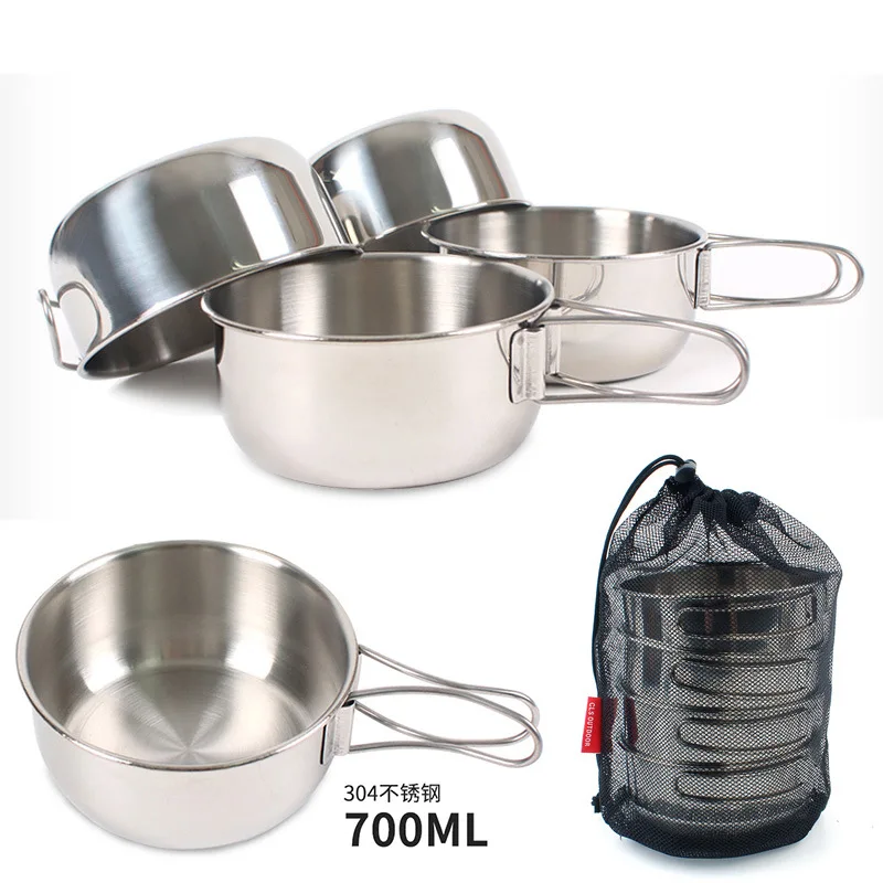 4pcs Outdoor folding sleeve Bowl stainless steel mountaineering camping 700ml large cup  tableware cooking pots pans