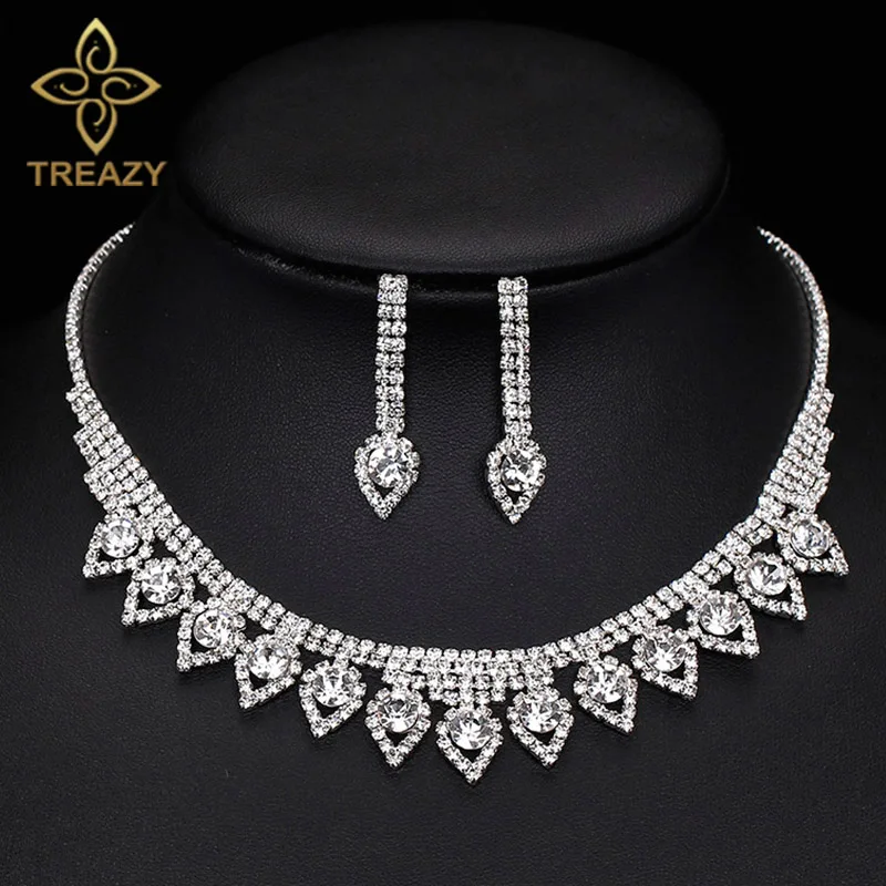 TREAZY Silver Color Rhinestone Crystal Bridal Jewelry Sets Leaves Choker Necklace Earrings Wedding Jewelry Sets Bijoux Femme