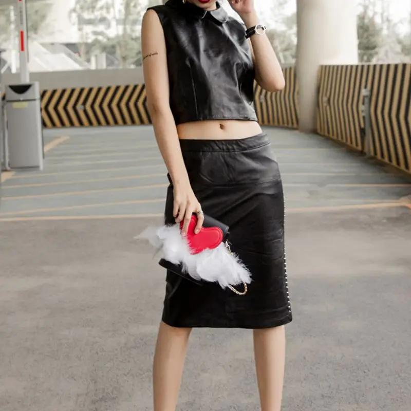 New Fashion Womens High Street Genuine Leather Sheepskin Rivet Split A-Line Natural Waist Skirts Female Falda