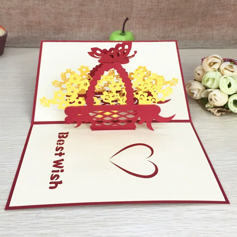 1pcs Best Wish Lover Basket Pop Up 3D Greeting Card With Envelope Post Card Handmade Christmas Thanksgiving Souvenirs Gifts