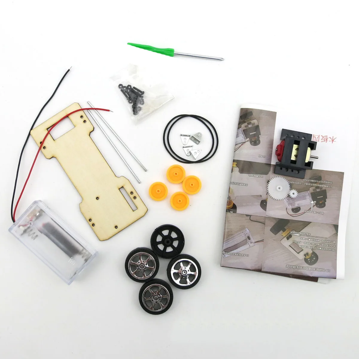 Elektrische Motor Diy Vier Wiel Runner Auto Handgemaakte Speelgoed Fysieke Gizmo Bouwstenen Kits Hout Gemonteerd Speelgoed Onderwijs Tool