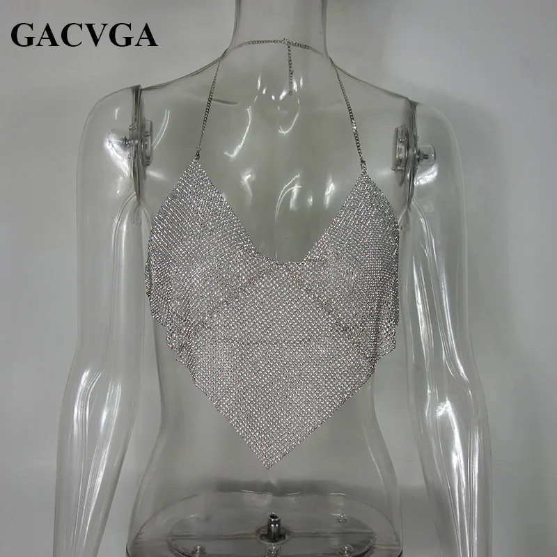 GACVGA 2022 trójkąt diamenty krótki Top kryształ Halter lato topy brokat kobiety Sexy Backless klub nocny Bralette Tank Top