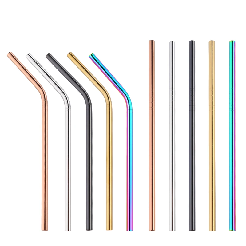 2PCS Colorful Stainless Steel Reusable Metal Drinking Straws For Kids Straight and Bent +1 Brush For Home Party Bar Accessories