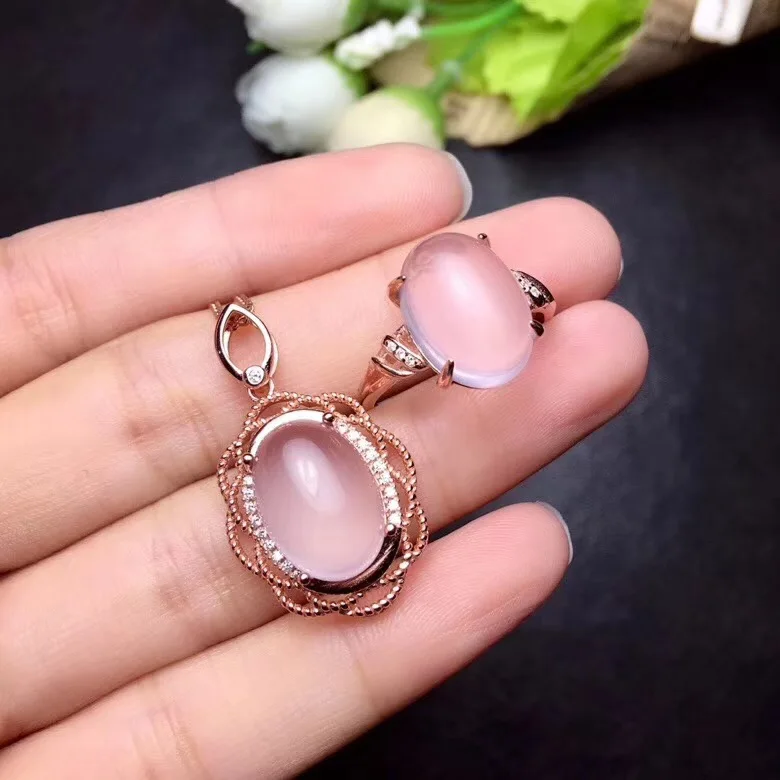 Free Shipping Natural Rose Quartz jewelry set Natural Real Rose Quartz 925 sterling silver 1pc pendant,1pc ring