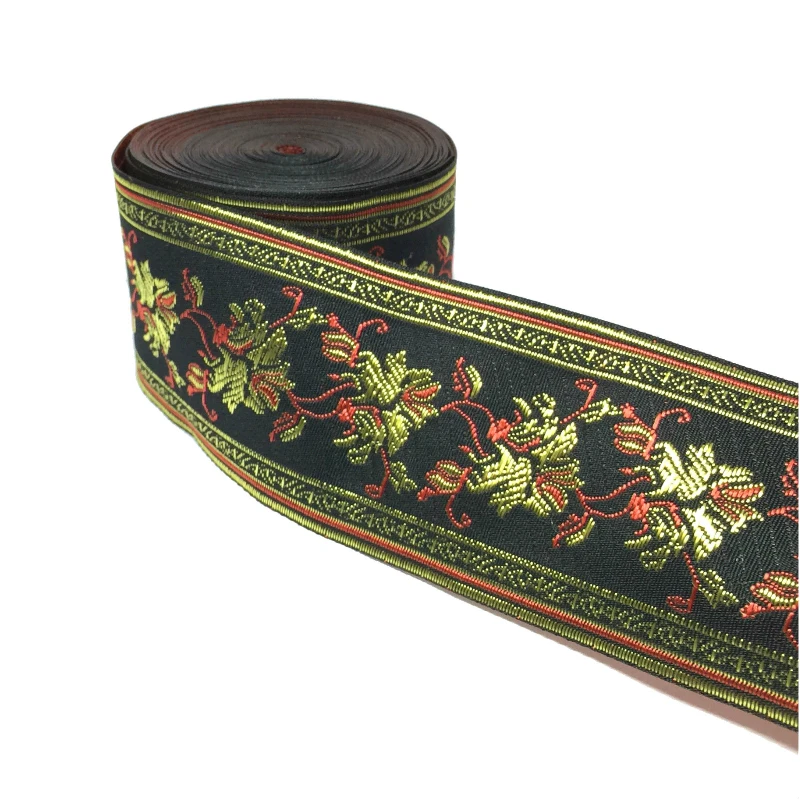 

Zerzeemoy 2 "5 см 7 ярдов/партия, Высококачественная плетеная жаккардовая лента, черный фон, красные и золотые цветы, узоры, ремешки и ленты, кружевные