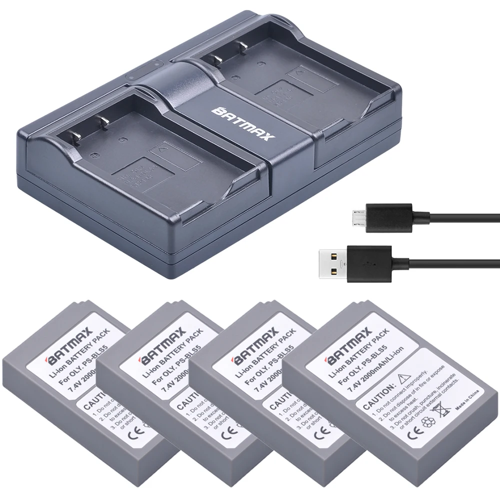 Batmax 4Pc PS-BLS5 BLS-5 BLS-50 Battery +Dual USB Charger for Olympus OM-D E-M10, PEN E-PL2, E-PL5, E-PL10, E-PM2, Stylus 1