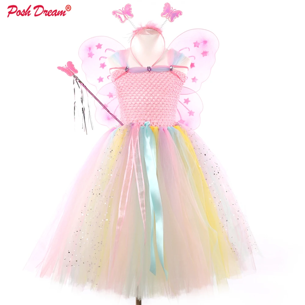 POSH DREAM Pink Fairy Flower Girls Tutu Dresses with Wings Set Rainbow Easter Party Children Kids Clothes Flower Wedding Dresses