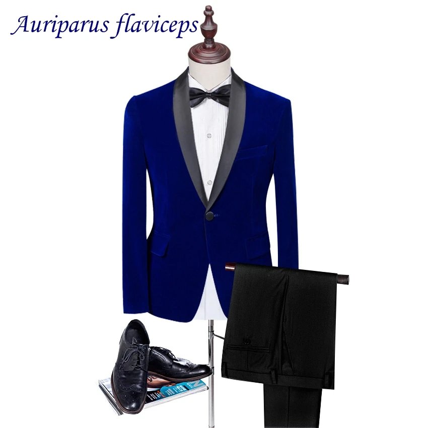 2023 New 2 pieces Blue Velvet Man Suits Pattern Prom Tuxedos Suit Tailored Wedding Suits With Shawl Lapel (Jacket+Black pant)