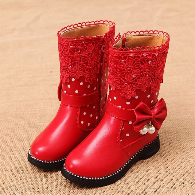 New Autumn Winter Girls Shoes Kids Girls Boots Children Princess High Snow Boots Bowtie Lace Boots with Fur Plush Size EU 27-37