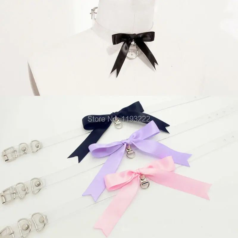 Punk Kawaii Lolita Handmade Bowknot Necklace, Stud Rivet Bow Clear Buckle Choker Collar Necklace