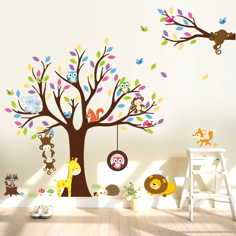 ที่มีสีสันHappy Treeของขวัญสัตว์ป่าลิงยีราฟนกฮูกสติ๊กเกอร์ติดผนังLiving Room Mural Decalเด็กตกแต่งบ้านสติกเกอร์ศิลปะ