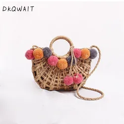 NEW Colorful Wool Ball Pom Beach Bag Shopping Basket Chic Woven Straw Handbags for Women Shoulder Bag Summer Totes female