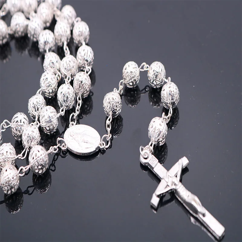 10mm Long Rosary Necklace Big Pearl Jesus Christ Cross Pendant and Crystal Rosary Jewelry Necklace