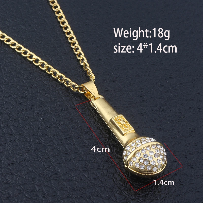 SG HIP Hop Gold Color Ice Out Bling Music Stereoscopic Microphone Pendants Necklaces For Men Women Jewelry