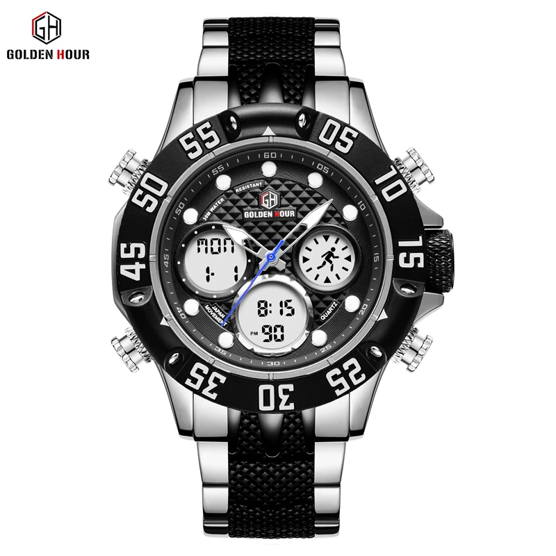 GOLDENHOUR Mens Sport Analog Digital Watches Outdoor Waterproof Big Case Military  Wrist Watch Full Stainless Quartz Male Clock