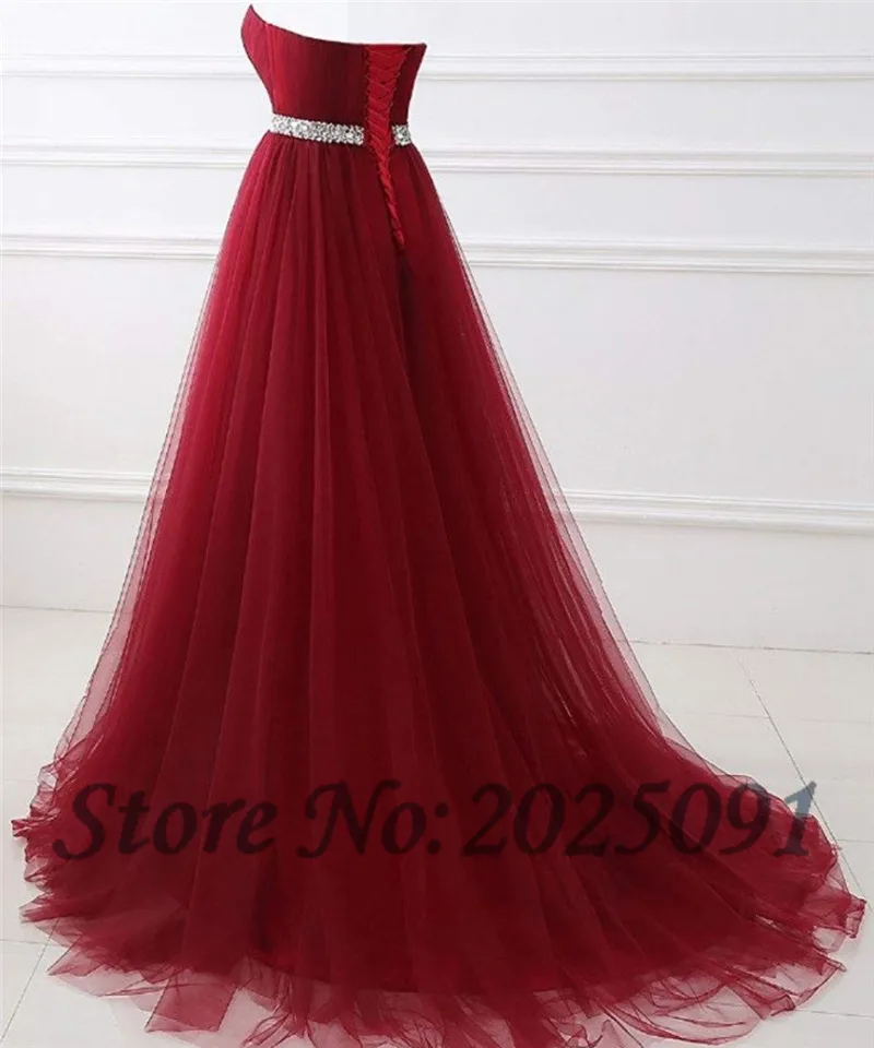 New Sweetheart Burgundy Long Evening Dresses 2021 Tulle Beaded Belt  Long Prom Party Gown Wedding Party GownsVestidos para festa