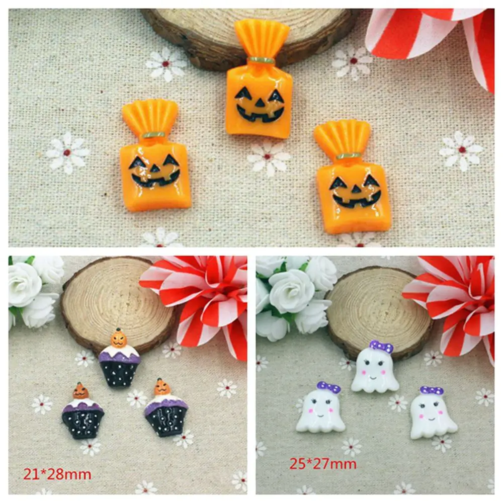 

100 pieces/lot kawaii resin cabochons Hallowmas Halloween candy ghost pumpkin planar resin for diy decoration phone hair crafts