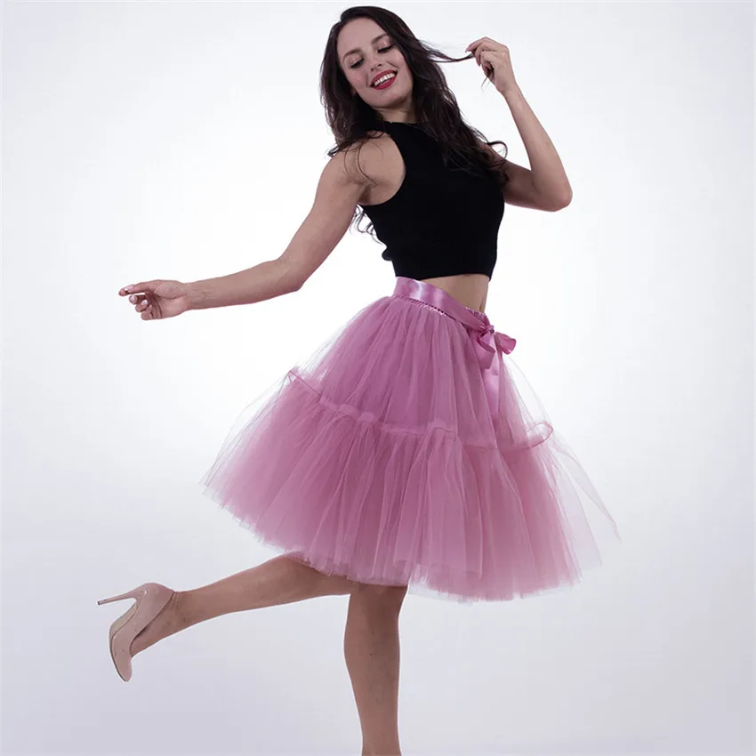 

5 Layers Puffy Tulle Skirt Women Summer Elastic High Waist Tutu Skirts Female Mesh Skirt Midi Pleated Skirt Petticoat Saia AB738