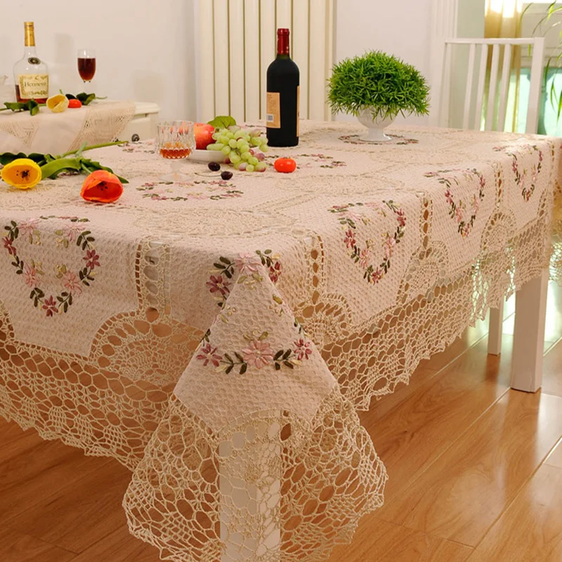 

Big Wedding Table Cloth Beige Flower Crochet Round & Rectangular Table Cloth Embroidery Tablecloth Christmas Dinning Table Cover