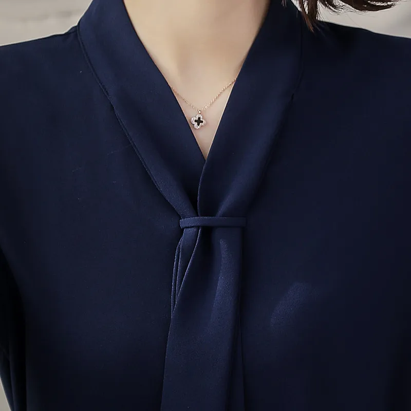 New Fashion Temperament Women Clothing Long Sleeve Blouses Formal Slim Tie Chiffon Shirt Office Ladies Tops Navy Blue Blusas