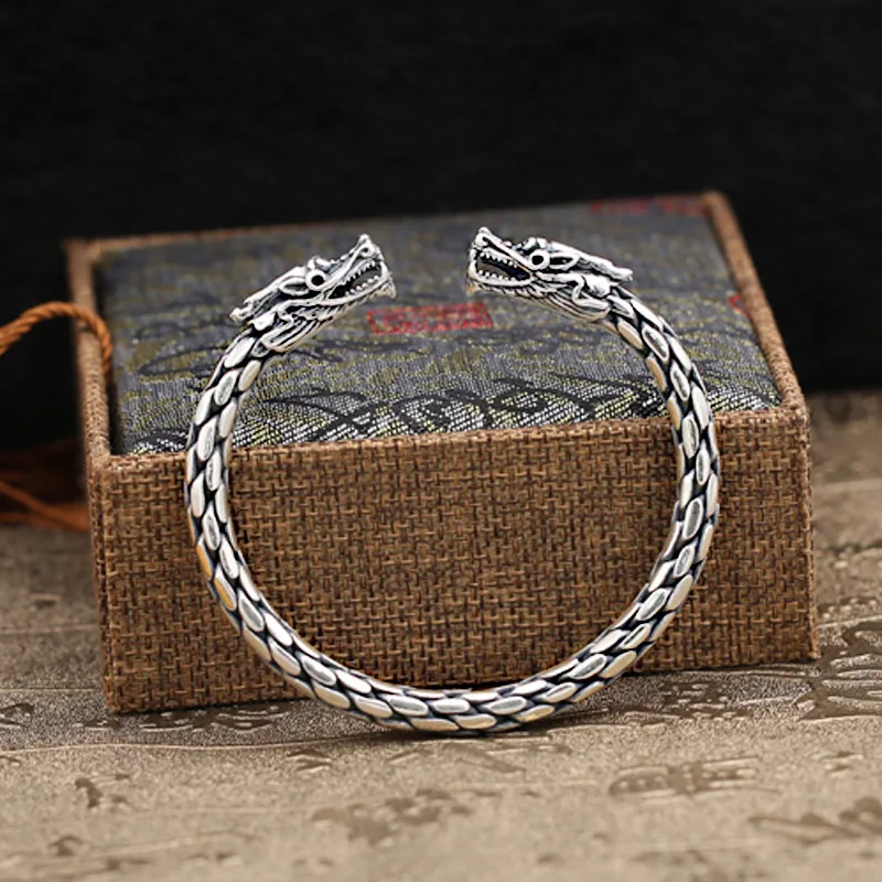 

Fashion S925 Sterling Silver Retro Thai Silver Ethnic Style Jewelry Hand Knit Double Tap Open Ended Men And Women Bangle