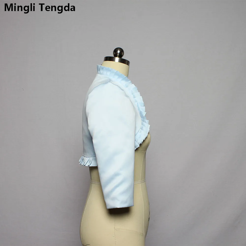 Mingli Tengda Sky Blue Stain Wedding Bolero Wraps Bridal Jacket Cape 3/4 Sleeves Wavy Ruffle Bridal Bolero Women Shawl Chest