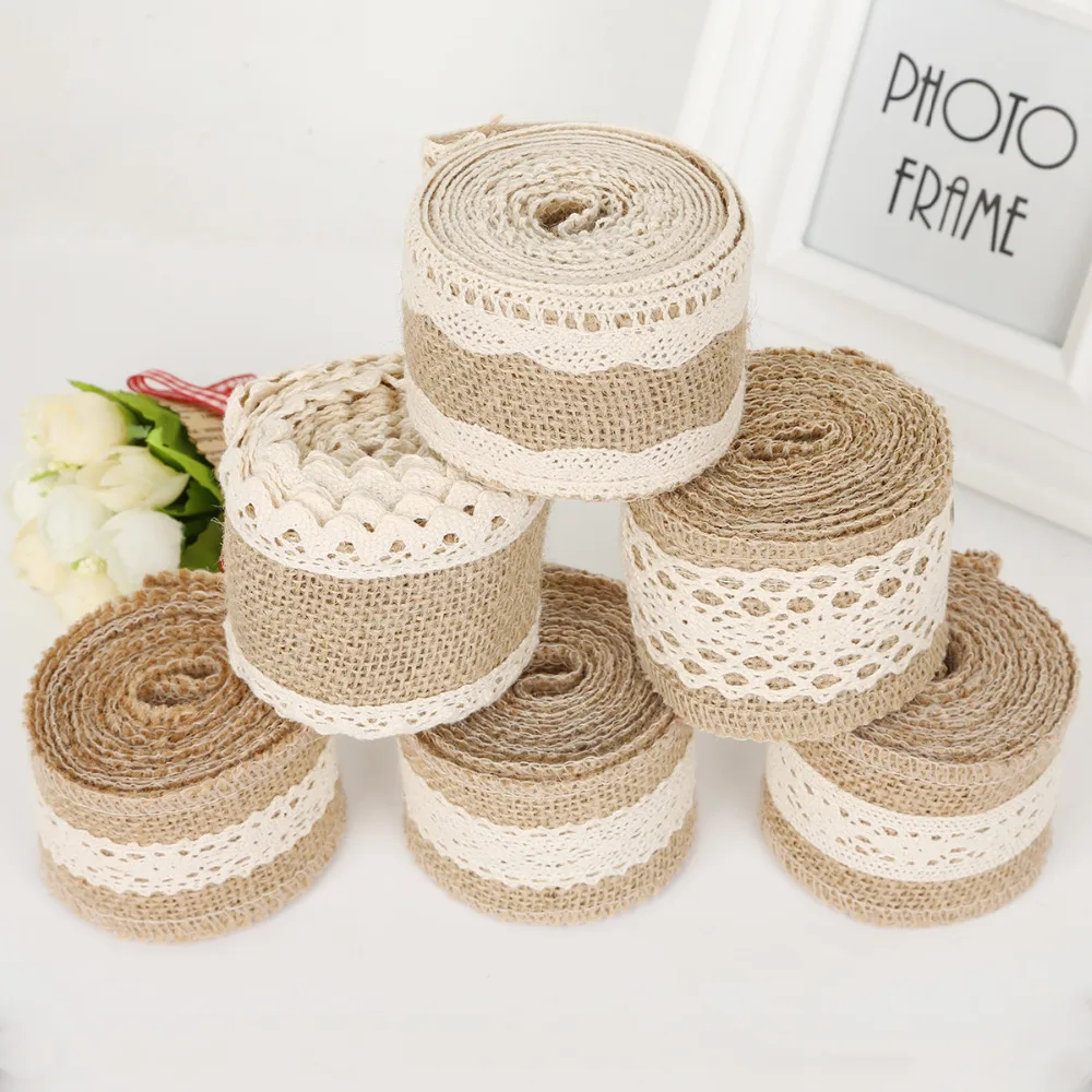 2M/lot Width 5cm/6cm Ivory Color Natural Jute Rolls Burlap Hessian Ribbons with Cotton Lace For DIY Ornament Burlap Wedding view 3