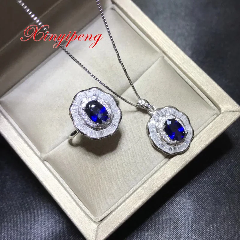 

Xin yi peng 925 silver inlaid natural sapphire necklace jewelry set, woman, anniversary gift