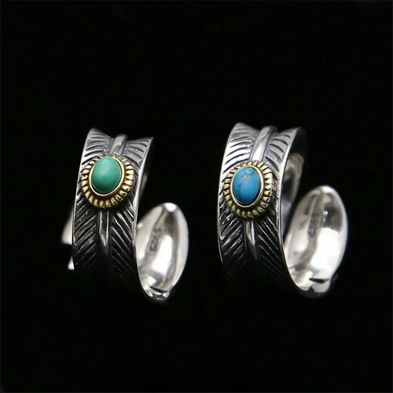 open adjustable Feather natural Green stone ring For boy or girl Silver Retro Style turquois 925 Jewerly 176