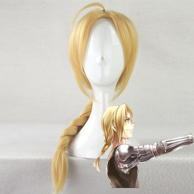 Fullmetal Alchemist Edward Elric Peluca de Cosplay sintética de estilo trenza recta media larga, peluca de fiesta de disfraces de Anime, gorro de peluca, 55cm