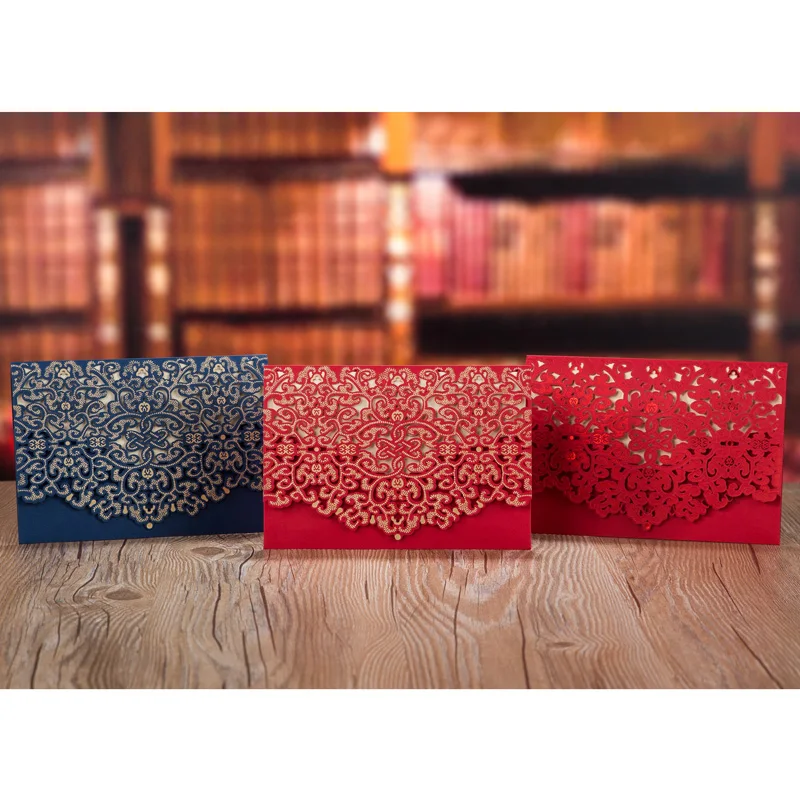 50pcs Blue Red Luxury Flora Laser Cut Wedding Invitation Card Customized Wedding Envelopes Party Wedding Decoration Supplies