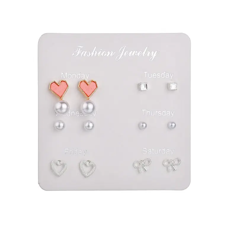 6 Pairs/set New Earrings for Women Stars Heart Crystal Cute Stud Earrings Fashion Jewelry Monday To Saturday 6 Pairs Earring