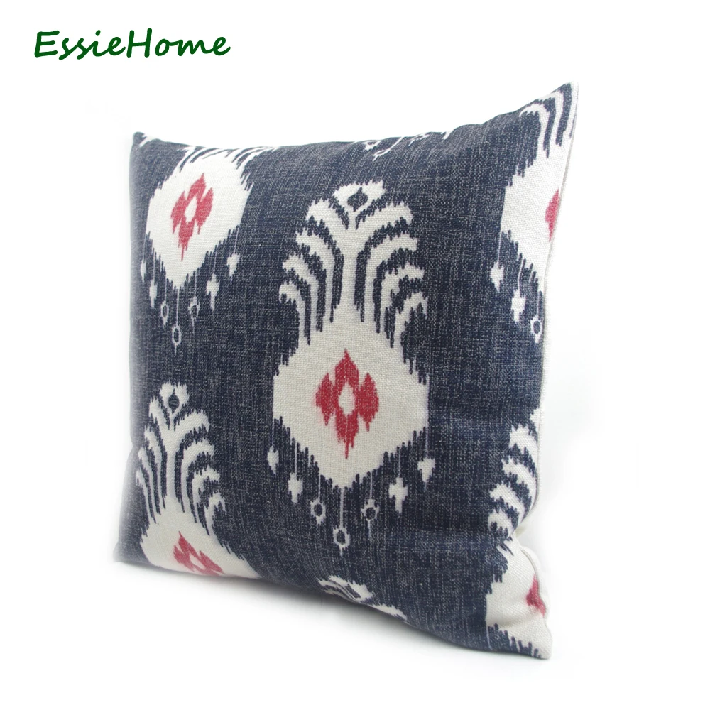 ESSIE HOME High-End Hand Print Dark Blue Navy Ikat Pattern Pillow Case Cushion Cover For Sofa Vintage Look Home Decoration Throw