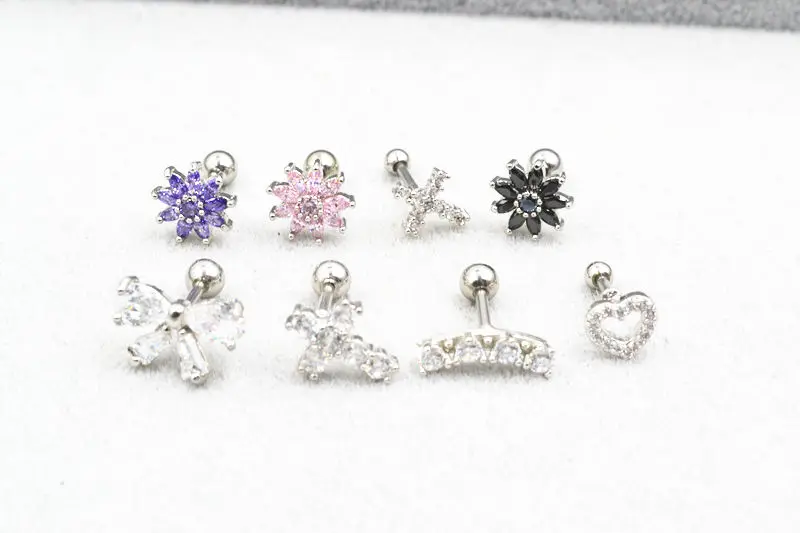 

50pcs Free Shippment Body Piercing jewelry- Shine CZ Flower/Cross/Heart Women Earring Ear Studs Helix Cartilage Bar Mix NEW