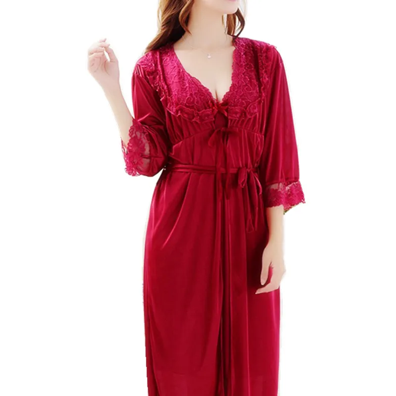 Red fashion luxury lace satin silk robe & gown sets two pieces bathrobe + nightdress bridesmaids wedding nightwear set for women