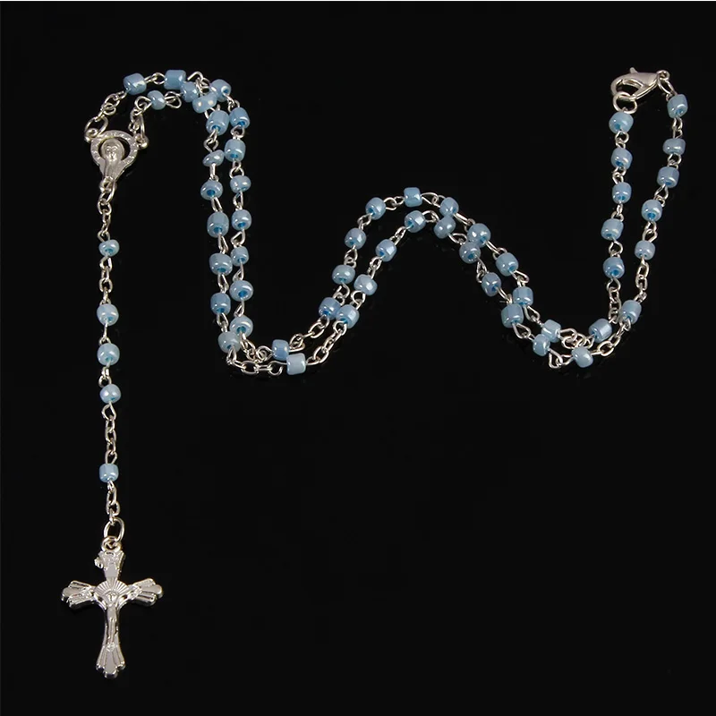 Glass Pearl Rosary Necklace Jesus Christ Cross Pendant Necklace Long Chain Men\'s and Women\'s Virgin Mary Christian Fashion Jewel
