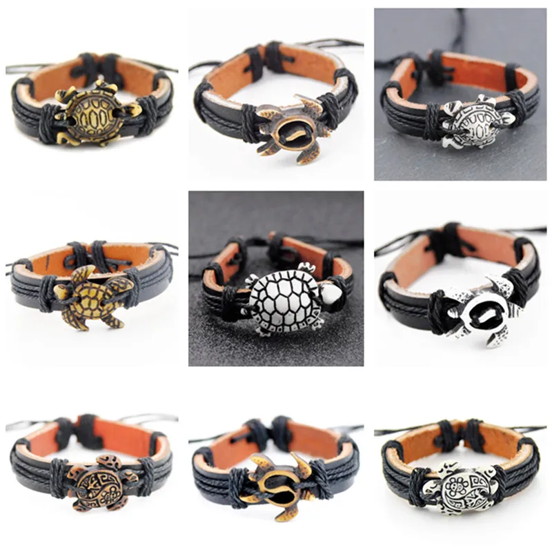 Men Women's Jewelry Wholesale 10pcs MXIED Cool Hawaiian surf Sea Turtles Pendant Surfing Leather Bracelets Bangles Gifts