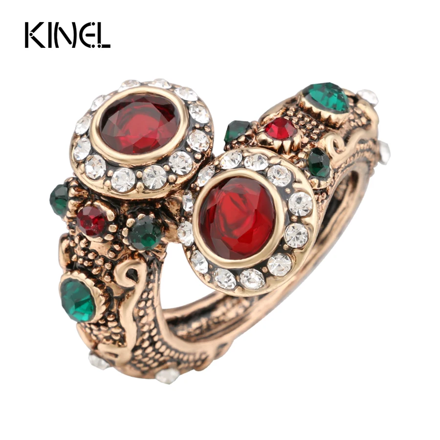 Turkish Red  Rings Antique Gold Color Women\'s Jewelry Double Head Red Gem Stone Finger Ring Free Shipping