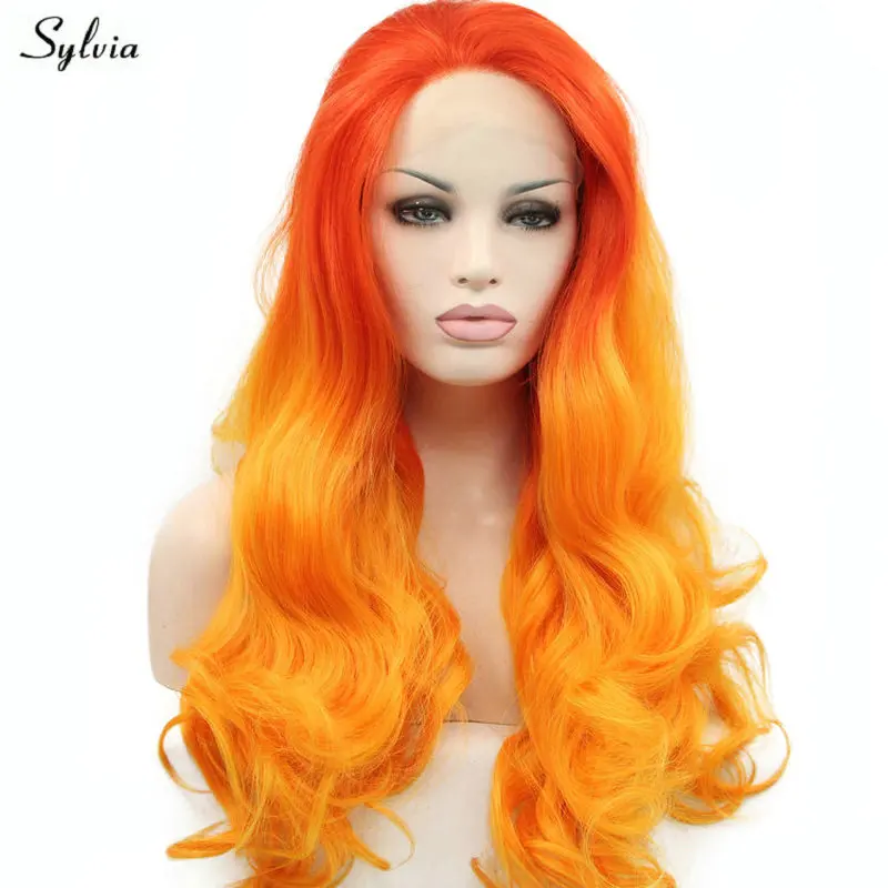 Sylvia Long Body Wave Darksalmon Ombre Orange Wig Synthetic Lace Front Wig Natural Hairline Cosplay For Women Two Tone Wig Party